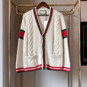 Gucci Women's Cream Cardigan with Red and Green Accents